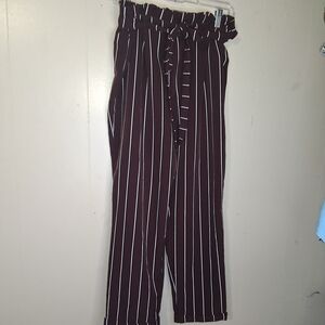 Striped Paperbag Waist Wide-Leg Pants in Burgundy